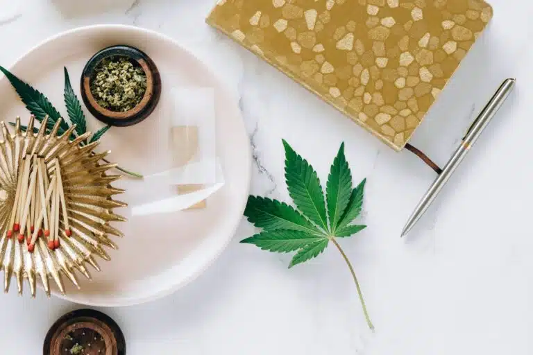 cannabis leaf on white marble surface